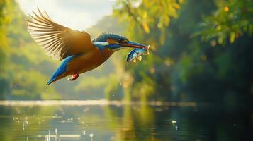 A kingfisher flying over a river with a fish in its beak photo