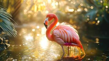 A flamingo is standing in the water at sunset photo