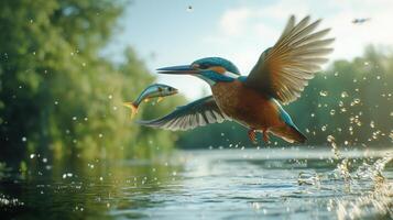 A kingfisher flying over a river with fish in its beak photo