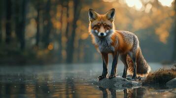 A fox standing in the water at sunset photo