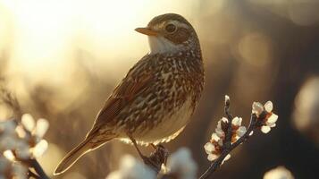 A bird is perched on a branch in front of a field photo
