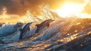 Two dolphins jumping out of the water at sunset photo