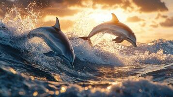 Two dolphins jumping out of the water at sunset photo