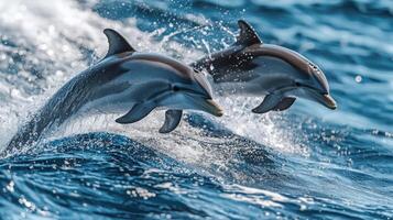 Two dolphins jumping out of the water photo