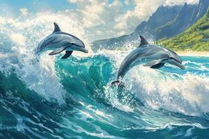 Two dolphins jumping out of the water in front of a mountain photo