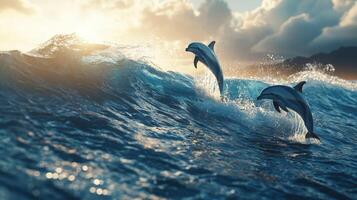 Two dolphins jumping out of the water at sunset photo