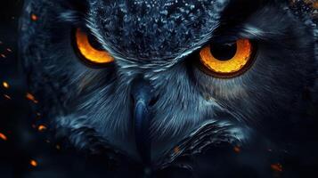 An owl with glowing eyes is shown in this image photo
