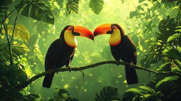 Two toucans sitting on a branch in the jungle photo