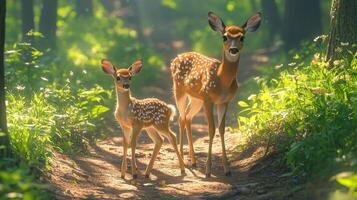 Two deer standing on a dirt path in the woods photo
