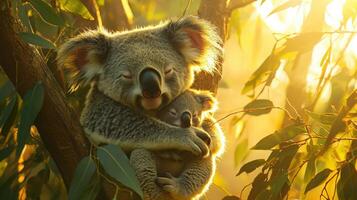 A koala bear with a baby in a tree photo