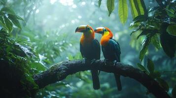 Two colorful parrots perched on a branch in the jungle photo