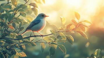 A bird is perched on a branch in the sunlight photo