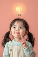 A little girl with an idea light bulb above her head photo