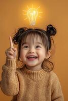 A little girl is smiling and holding up a light bulb photo