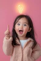 A little girl is holding up a light bulb above her head photo