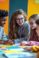 Group of children sitting at table with colorful paper photo