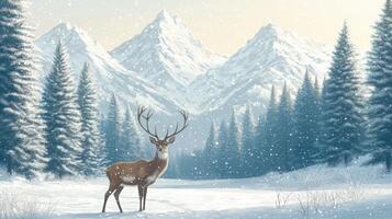Majestic deer in a snowy mountain landscape on a cold winter day, photo