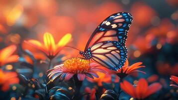 Monarch butterfly on orange flower, vibrant colors, close up, bokeh, photo