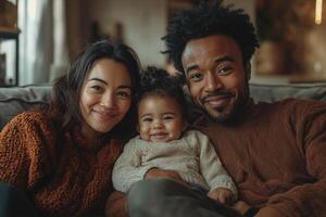 Happy multiracial family portrait, cozy living room setting, looking at camera, photo