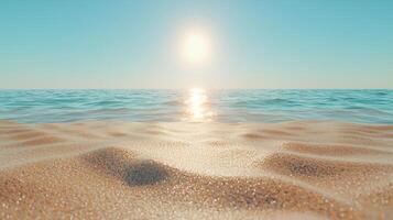 Golden hour at the beach, gentle waves rolling on shore, bright sun reflecting, photo