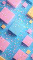 Pastel Squares and Colorful Sprinkles on Blue Background, Sweet Abstract Pattern, photo