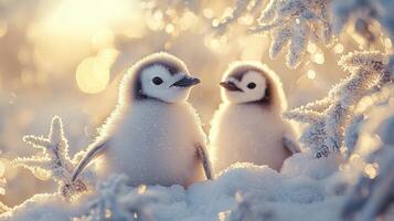 Two fluffy penguin chicks in a snowy winter scene with a warm golden glow photo
