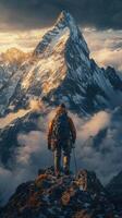 Mountain Climber Summit View Majestic Peaks Adventure Scene photo