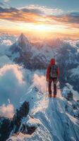 Mountain Climber At Sunrise Peak Summit Majestic View Adventure Achievement photo