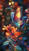 Vibrant butterfly rests on orange flower, nature bokeh effect, colorful wings, photo