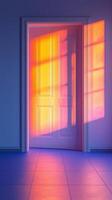 Doorway light play, colorful beams cast on door and floor, warm hues, vibrant photo