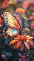 Butterfly resting on a flower, vibrant colors, delicate wings close up view, photo