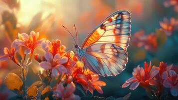 Butterfly on flowers with golden light, beautiful macro scene, photo