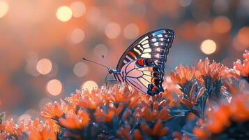 Butterfly on orange flowers in bokeh effect, soft focus, vibrant colors, photo