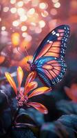 Monarch Butterfly with glowing details sitting on an orange flower, photo