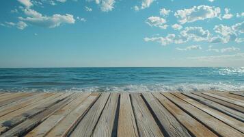 Wooden pier overlooking the ocean with clouds on a blue sky, beach background, photo