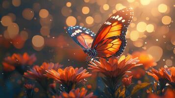 Monarch butterfly on orange flowers, bokeh lights, warm tones, artistic rendering, photo