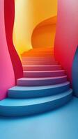 Abstract Colorful Staircase, Vibrant Steps, Curved Walls, Modern Architecture, photo