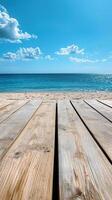 Wooden boardwalk overlooking ocean with blue sky and clouds, summer day, photo