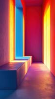 Abstract colorful hallway with light effects and blocks geometric shapes photo