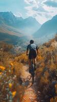 Mountain biker on scenic trail with valley view in a golden hue. photo