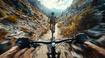 Mountain biking adventure in rugged terrain, fast pace POV, action shot, photo