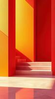 Vibrant geometric architecture with stairs and sunlit shadows, red and yellow tones, photo