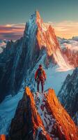 Mountain climber reaches peak of rocky summit at sunrise stunning view photo
