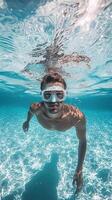 Underwater Man with mask exploring crystal clear ocean water swimming, photo