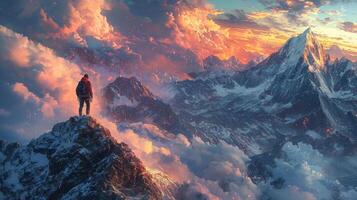Man atop snowy peak views red clouds mountains at dawn majestic landscape photo