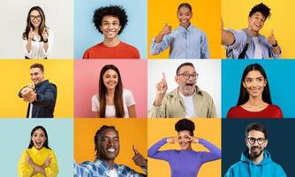 A diverse group of individuals expresses joy and positivity through smiles and gestures. This colorful collage captures their cheerful lifestyles in a lively setting, emphasizing unity in diversity. photo