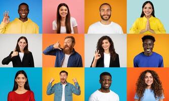 A vibrant collection of cheerful, multiracial individuals showcases diverse expressions of happiness. The backdrop features colorful panels, emphasizing their positive vibe and connection. photo