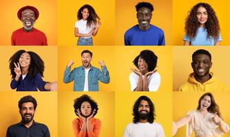 A vibrant collection of diverse individuals expresses joy and positivity. Each person showcases unique features and styles against a bright yellow background, embodying unity in diversity. photo