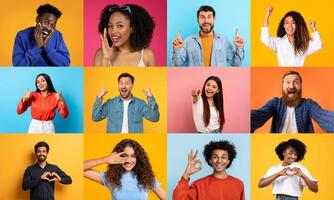 A lively collection of diverse individuals showcases cheerful expressions against vibrant backgrounds. Each person represents joy and positivity through playful gestures and smiles. photo