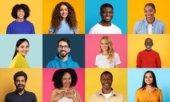 A vibrant collage featuring a diverse group of happy individuals with different backgrounds. Each person exudes positivity, reflecting a joyous lifestyle and unity among cultures. photo